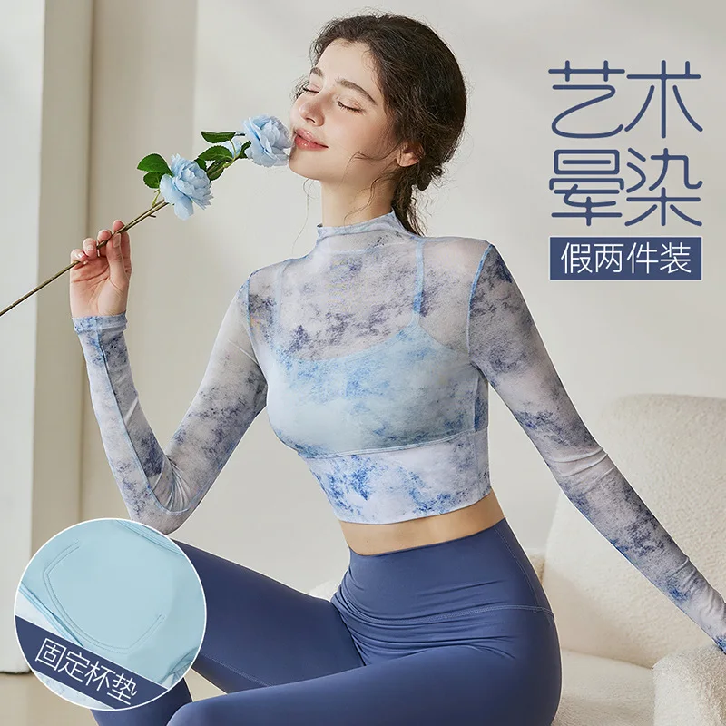 Net fabric sports fitness top Long Sleeve T-shirts Women Tie-dye Printed Sun-proof Cropped Tops Fashion Gauze Korean Style