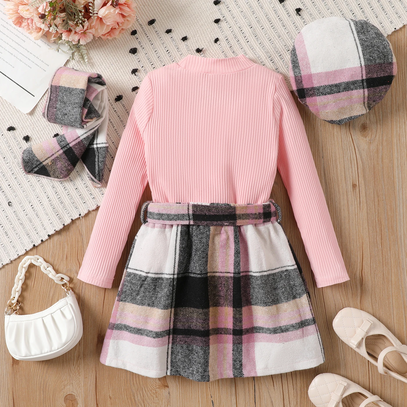 PatPat 4pcs Kid Girl 95% Cotton Ribbed Solid Long-sleeve Top and Plaid Belted Skirt & Hat & Scarf Set