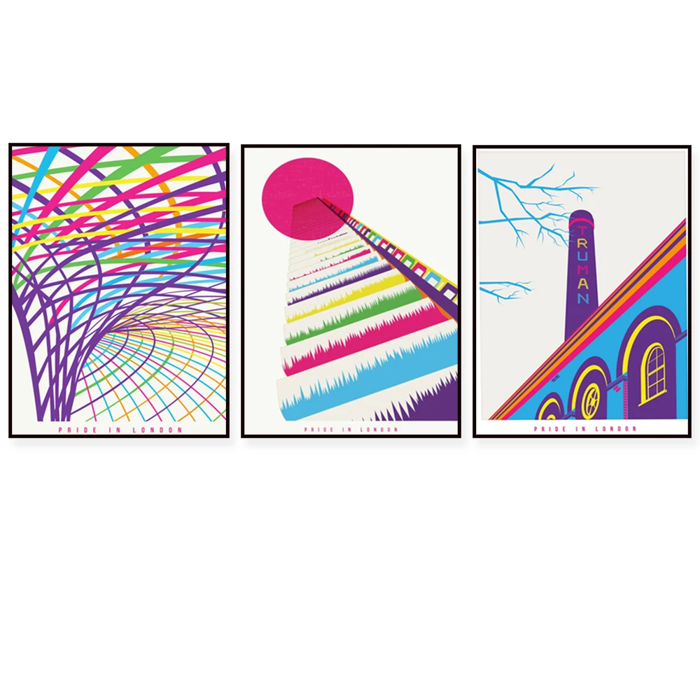 London Pride prints at Barbican Tower, London, Old Truman Brewery, London King's Cross Station. Wall art, pride issues, London p
