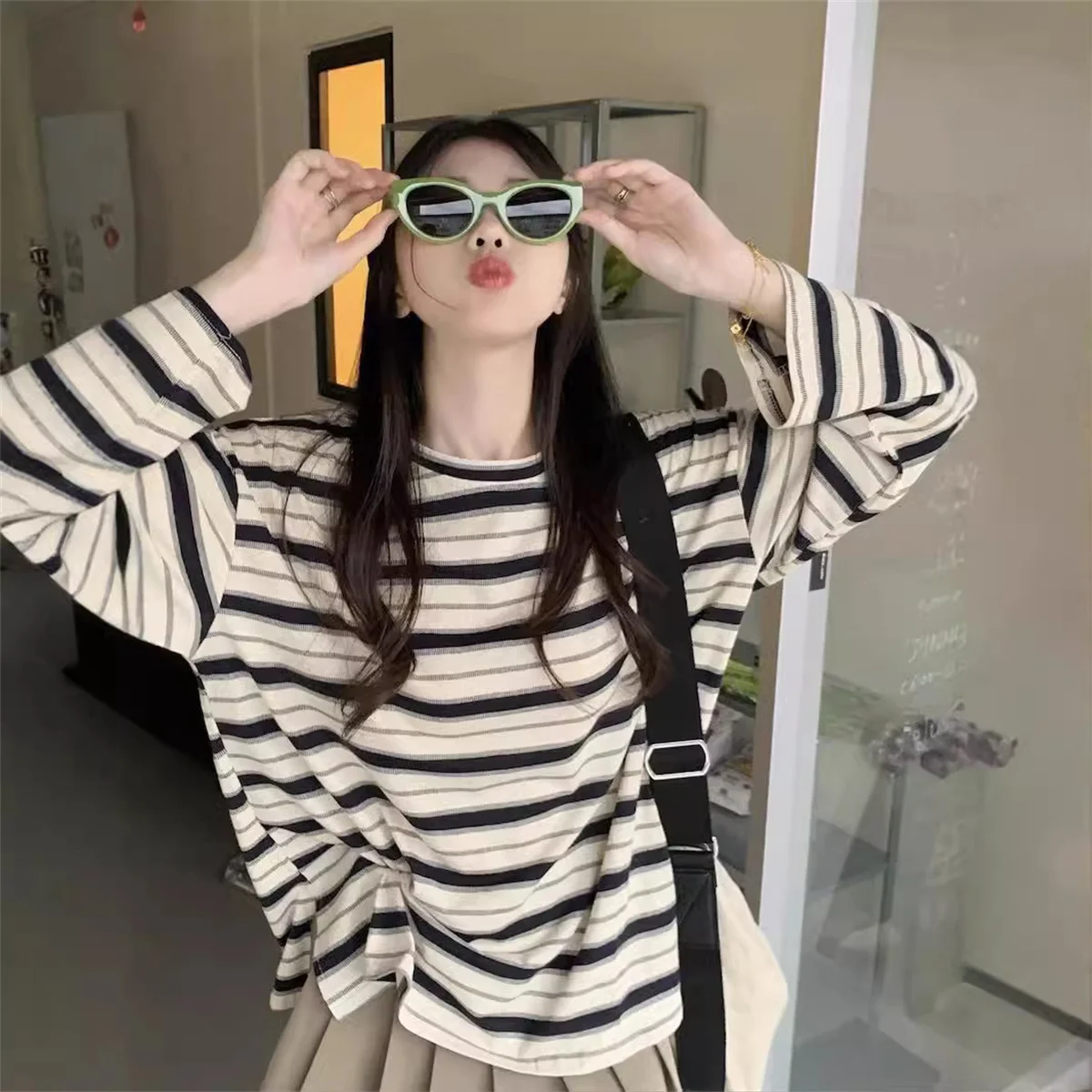 Y2k Long Sleeve Sweatshirt Korean Fashion Striped T Shirt Patchwork Harajuku Streetwear Pullovers Gothic Tops Women's Clothing