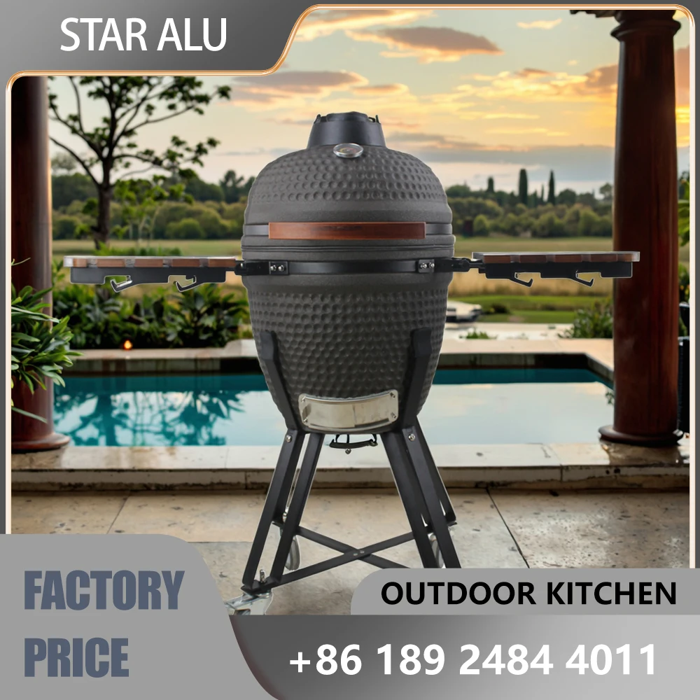 

16 Ceramic Kamado Grill with 32.5cm Cooking Grate，Smoker with Temperature Control, Foldable Side Tables & Stainless Steel Cart