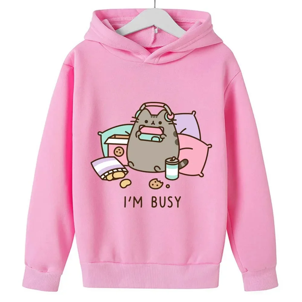 Pusheens Girls Hoodies New Winter Fleece Sweatshirt Kids Cartoon Anime Cat Sportswear Pullover Children Clothes Birthday Gift