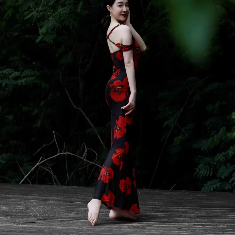 Spersonalizowane stroje do tańca brzucha, sukienka z siateczki z nadrukiem, z rybim ogonem, zakrywająca pośladki, z wbudowaną poduszką na biust, na wieczorne wyjście.