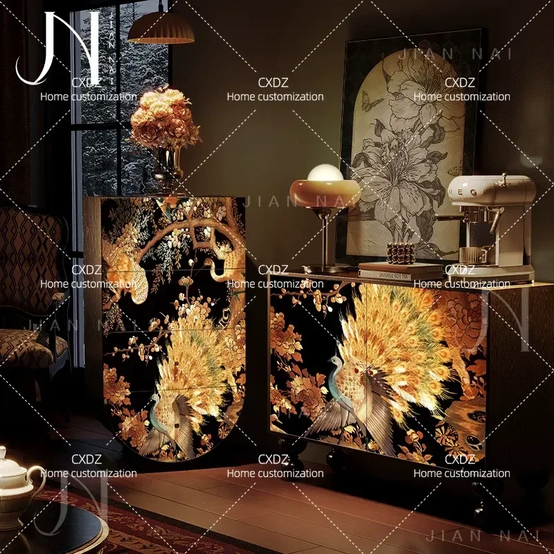 French medieval solid wood four-chest cabinet black gold peacock bedroom storage cabinet living room entrance entrance