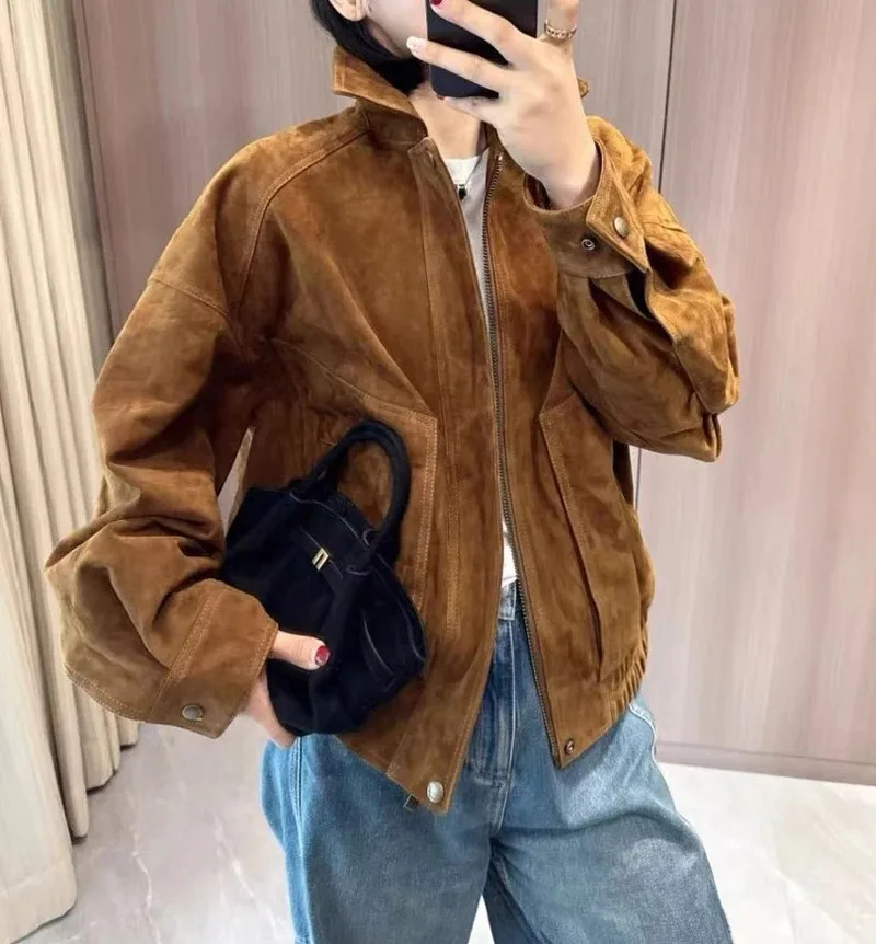 Retro High End นําเข้าหนังนิ่มหนังเสื้อแจ็คเก็ตผู้หญิงสแควร์คอพับแขนกระเป๋าขนาดใหญ่ 100% เด็ก Suede Coat Top