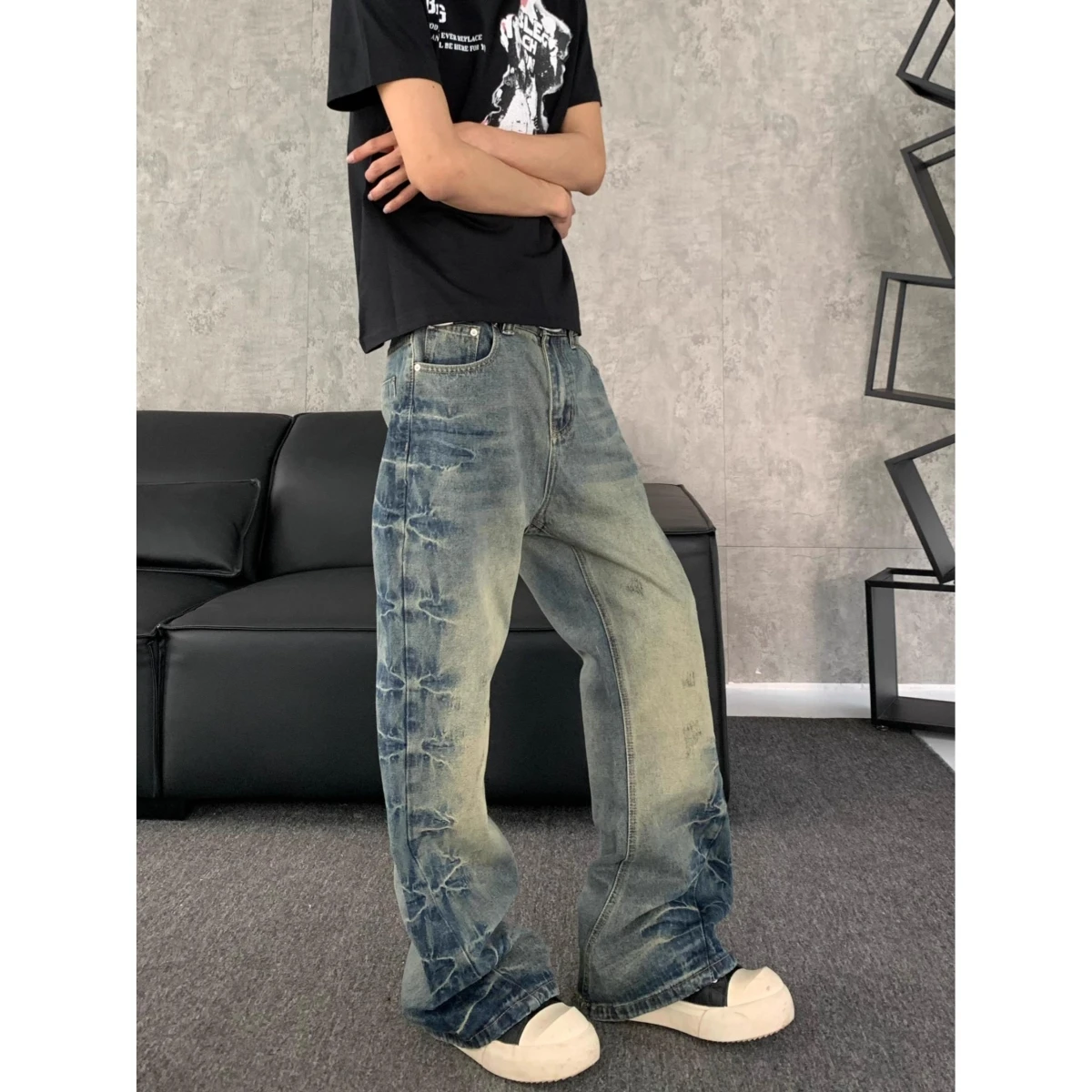 

American High Street Retro Side Gathered Flared Jeans Men's Straight Leg Wide Leg Cleanfit Casual Long Trousers Trendy