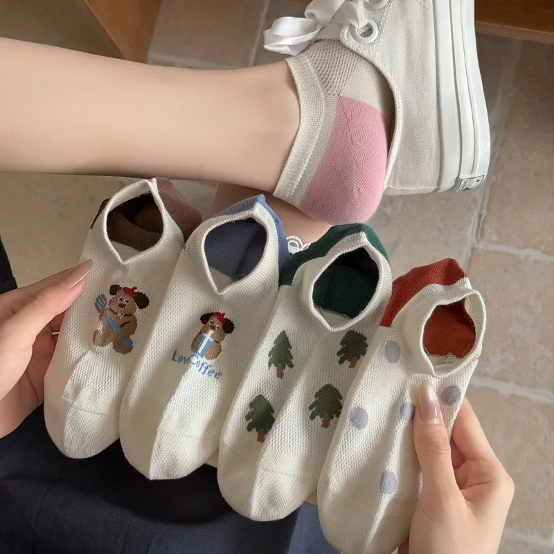 Spring New Socks Women's Thin Color Matching Mesh Cute Cartoon Socks Light Mouth Invisible Boat Socks