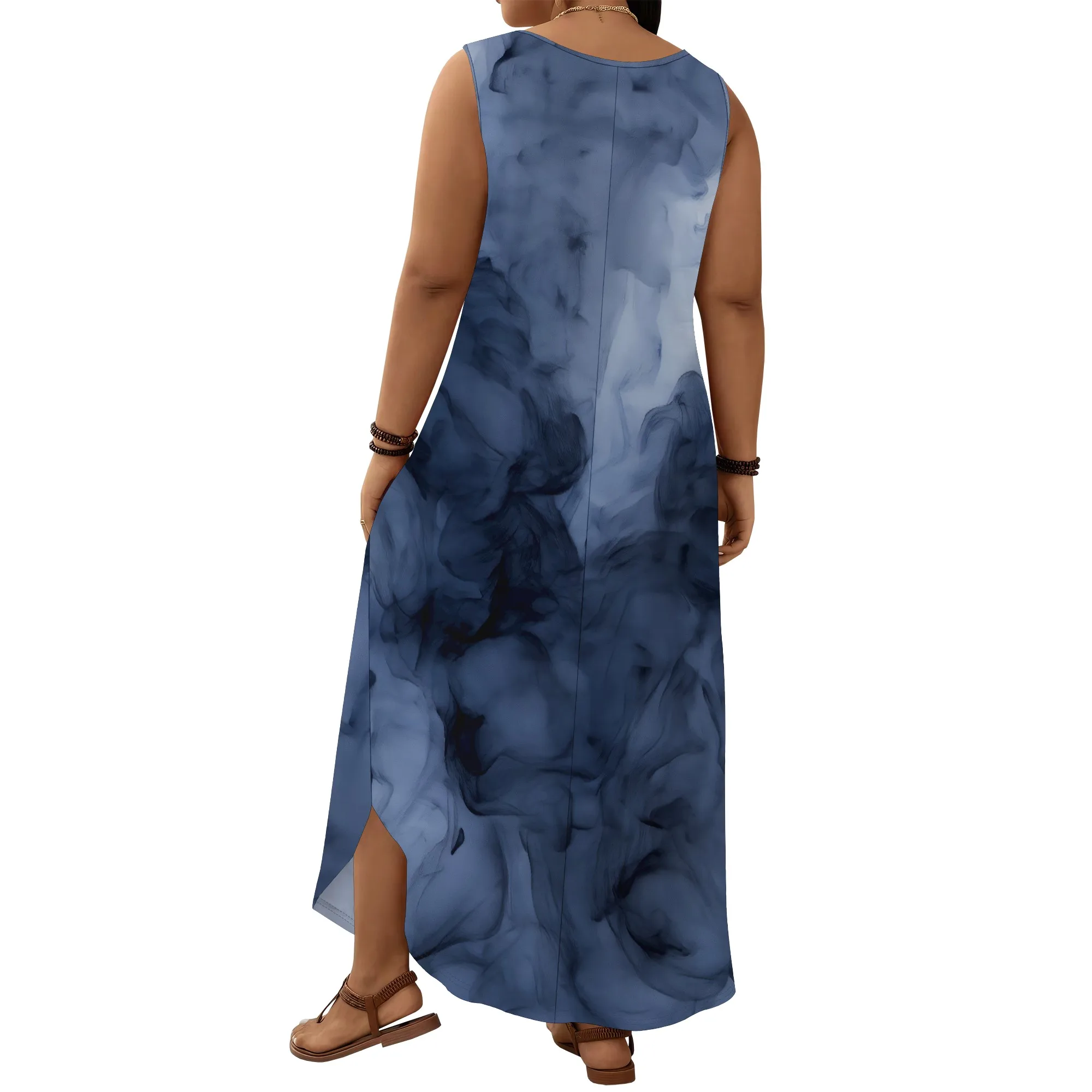 Gaun Tanpa Lengan Ukuran Besar Poliester Bunga Wanita Malam Pesta Biru Pudar