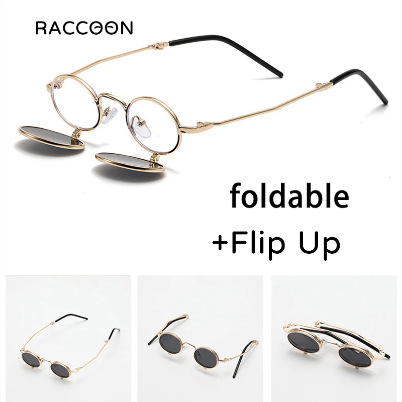 نظارات شمسية مستديرة بيضاوية صغيرة قابلة للطي للنساء ، نظارات شمسية سايبر بانك ، عدسات بطبقتين للرجال ، ظلال Steampunk رجالية نسائية إسقاط الشحن بالجملة