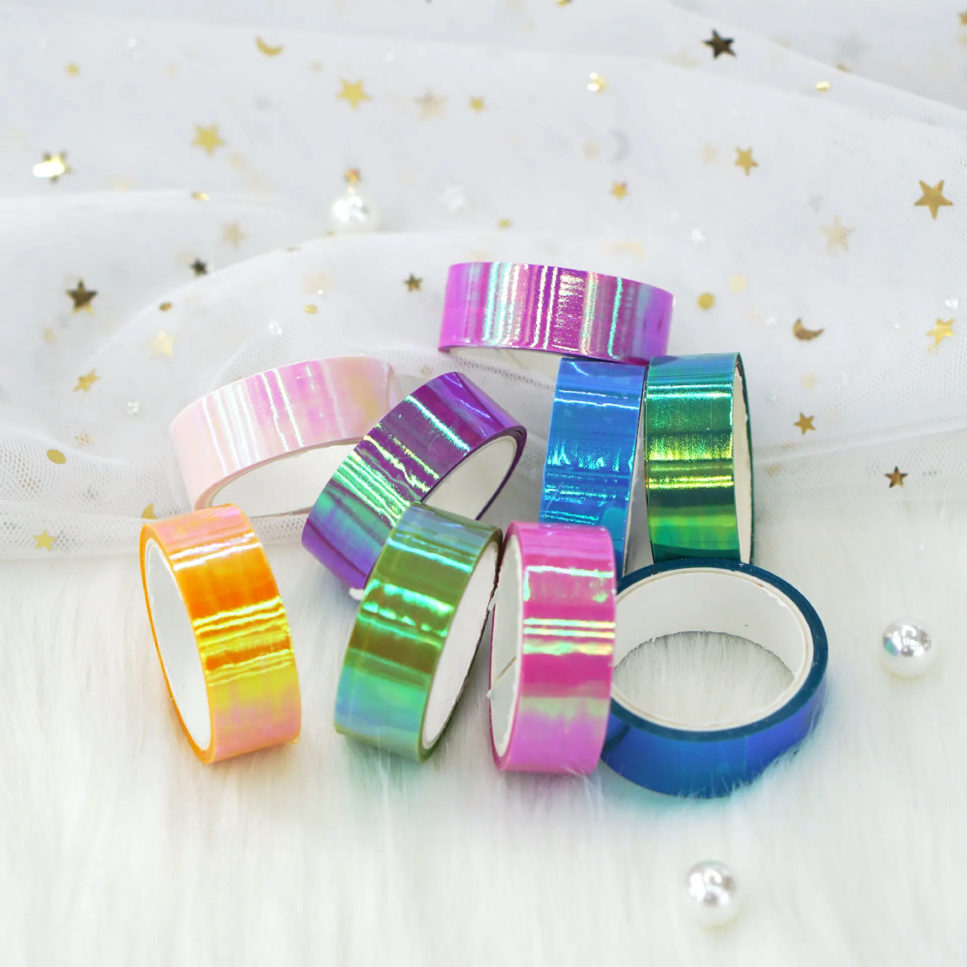 10 Rolls of Iridescent Iris Laser Film Tape Mermaid Ji Cool Hand Account DIY Decorative PE Sticker Washi Tapes 5m
