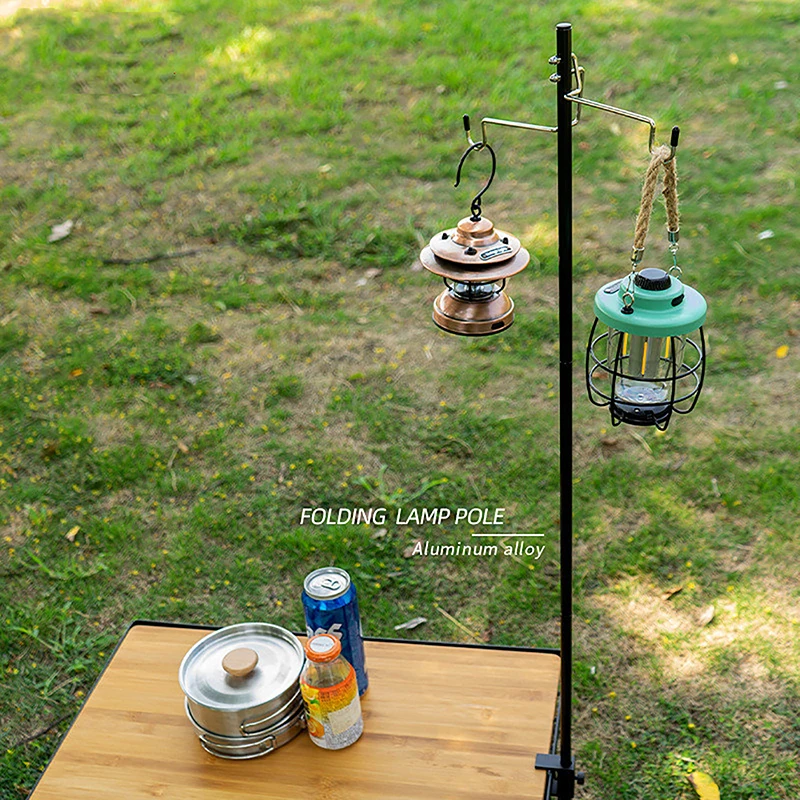 Outdoor Portable Table Desktop Insert Ground Alloy Campinglight Bracket Folding Lamp Pole Camping Lantern Stand With Hooks