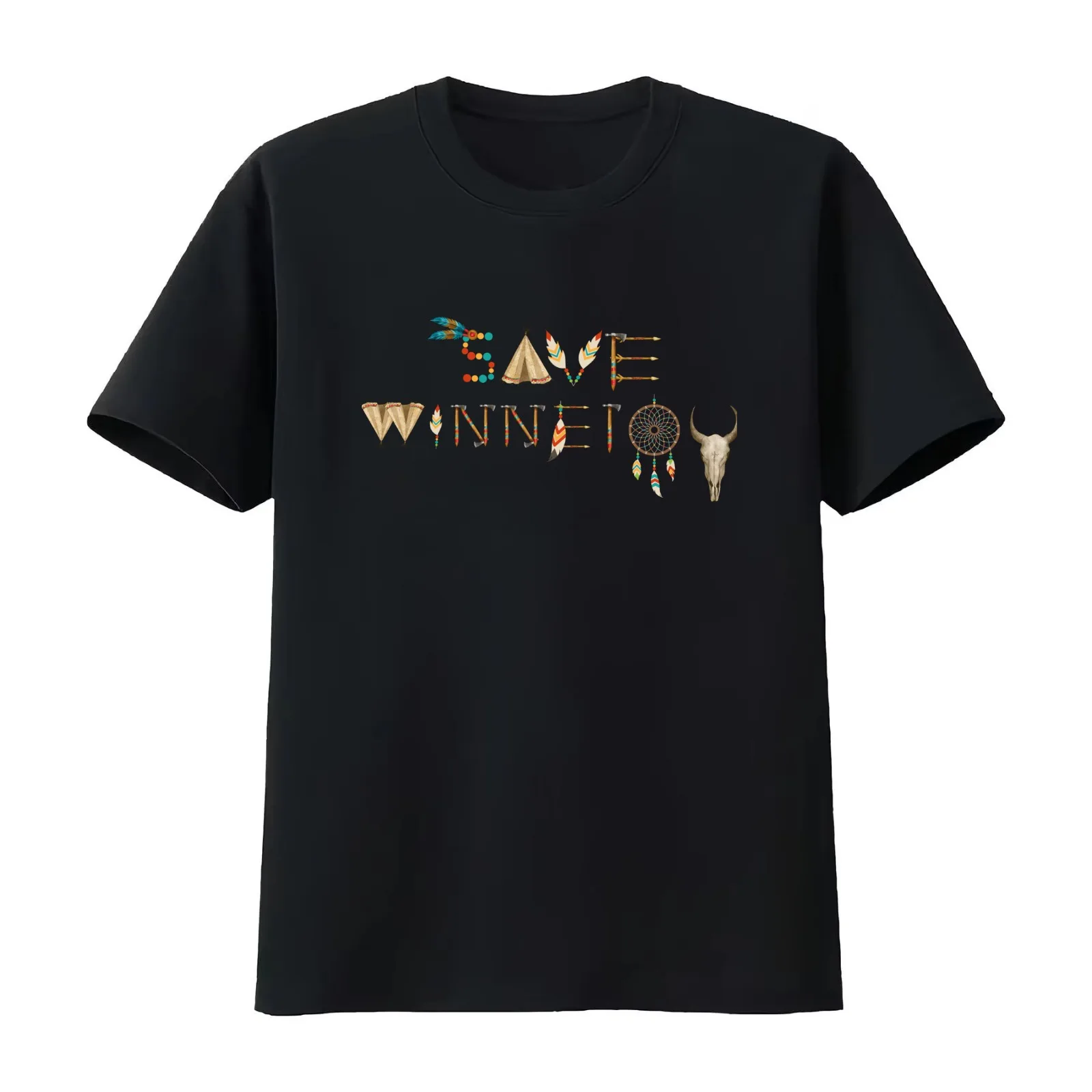 save winnetou,font,symbols indians feathers winnetou T-Shirt Summer Casual Cotton Tee Oversized Streetwear Tops