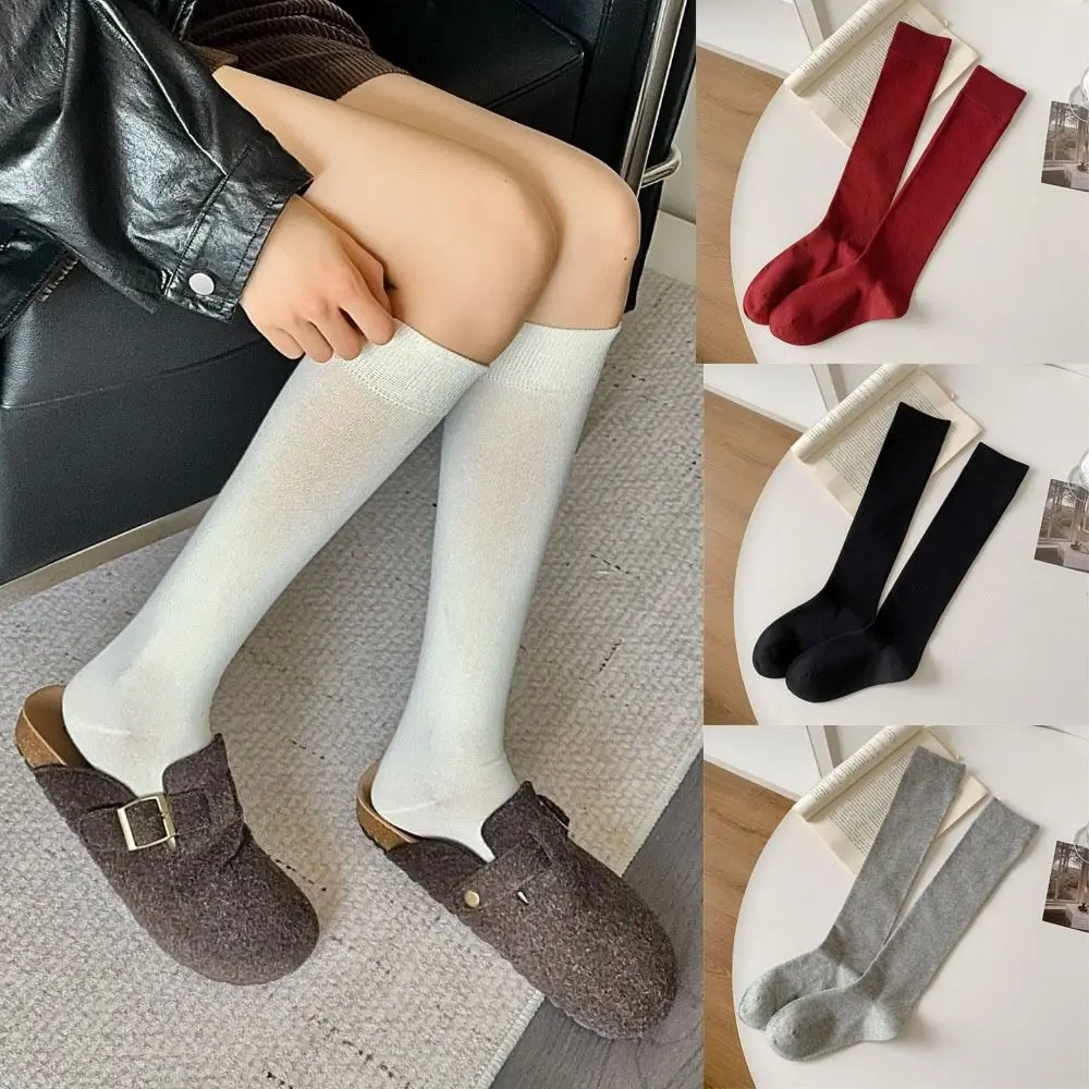 

Japanese Style Solid Color Woman Stockings Cotton Knitted Simple Long Socks Elastic Knee High Socks Lolita Style