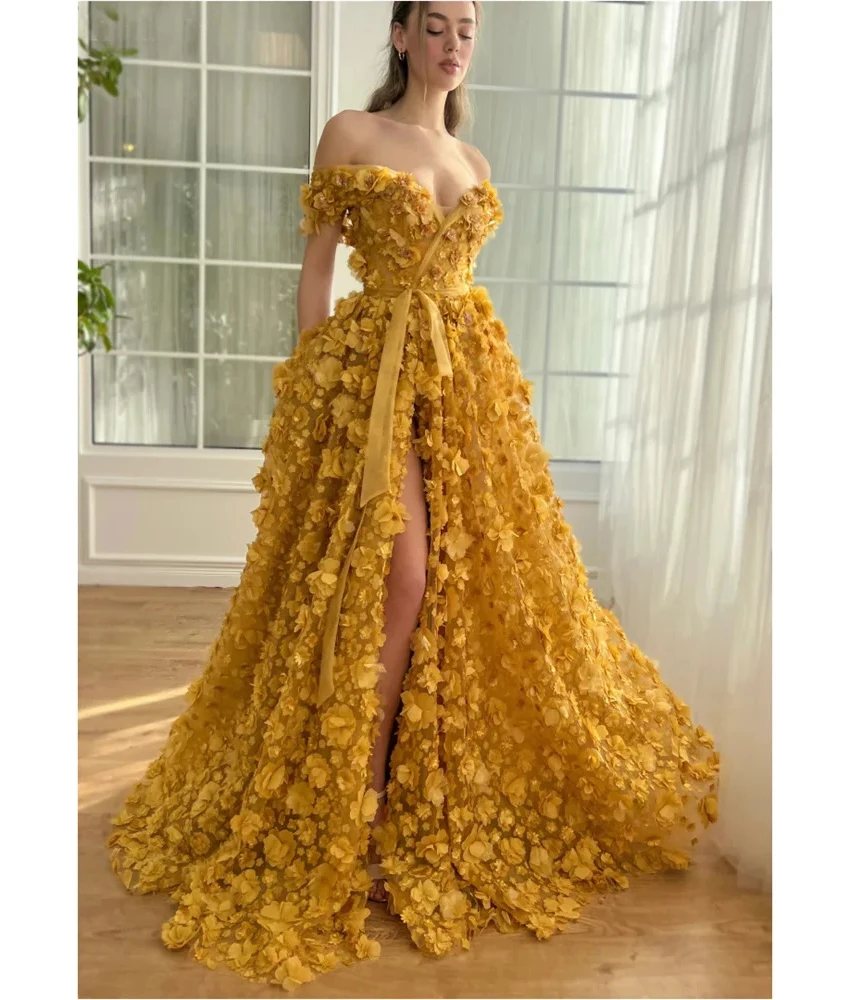 

Customized Exquisite Tulle A-Line Off the Shoulder 3D Flowers Beading Evening Dress Temperament Sweetheart Celebrity Gowns