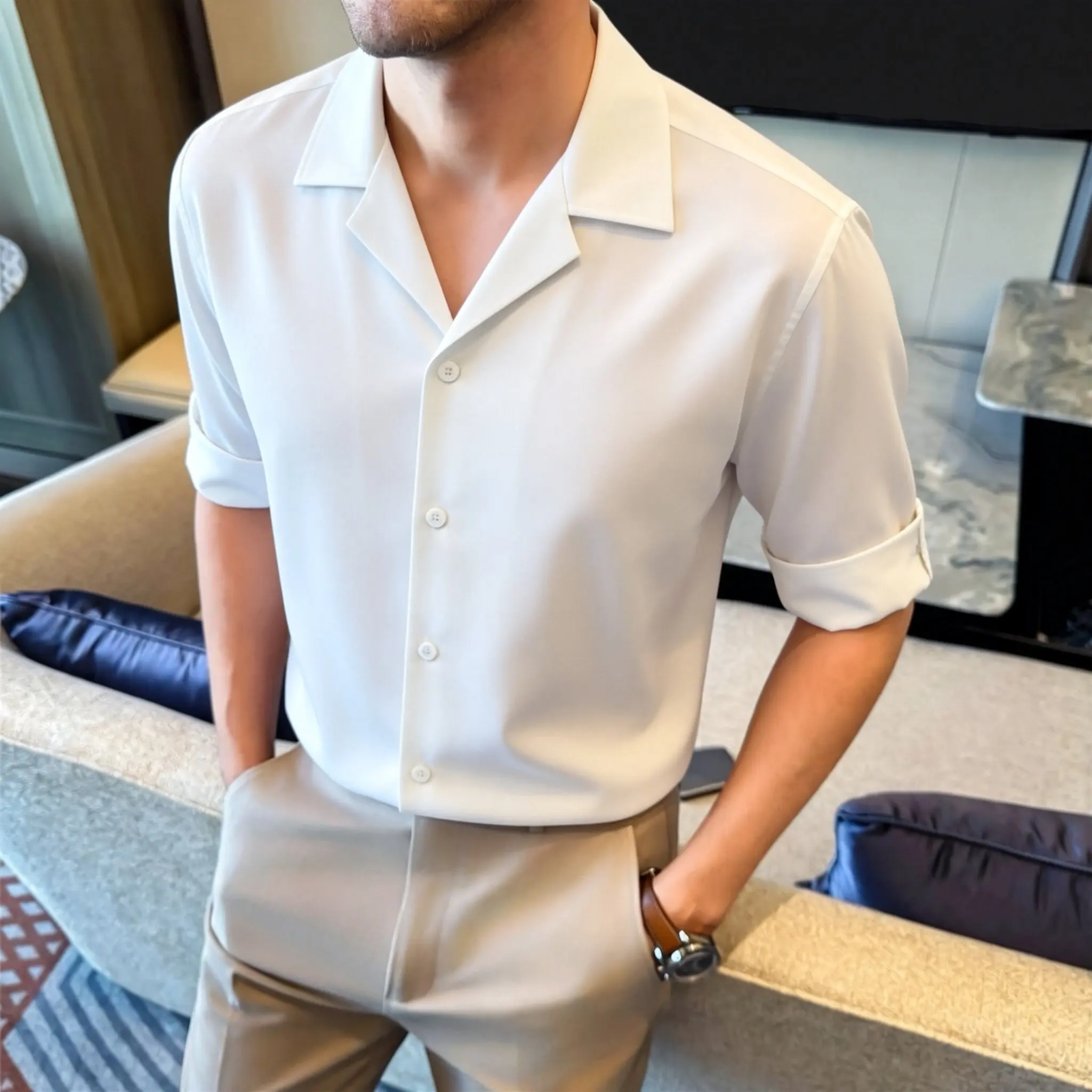 Korean High Quality Luxury Solid Color Shirt Summer Mid Sleeve Black and White Shirt Business Slimming Shirt Men's Clothing