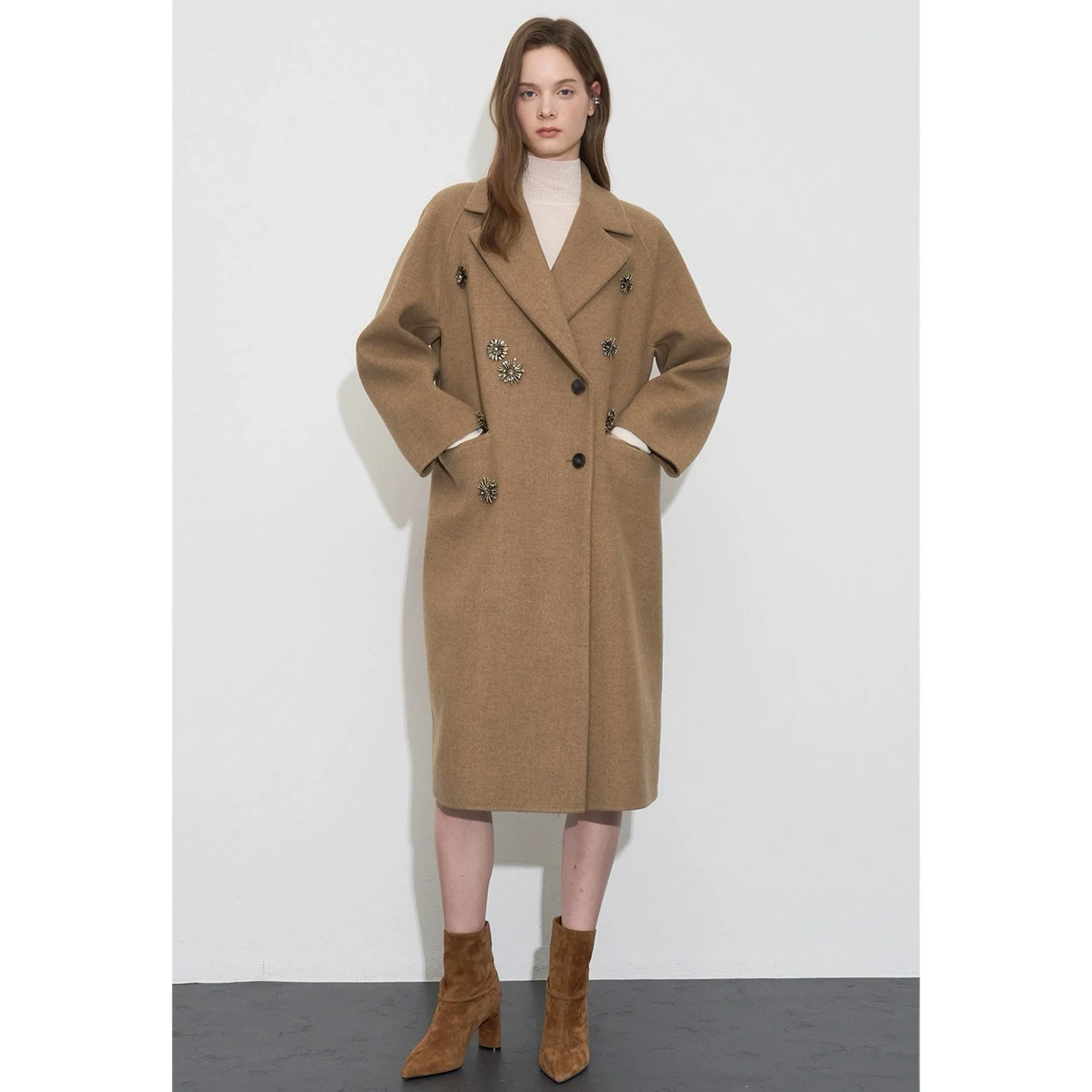 

Elegance OBZ25 Winter Double Breasted Woolen Coat Metal Flower Brooch Netie Versatile Straight Cut Lengthy Commute Sle