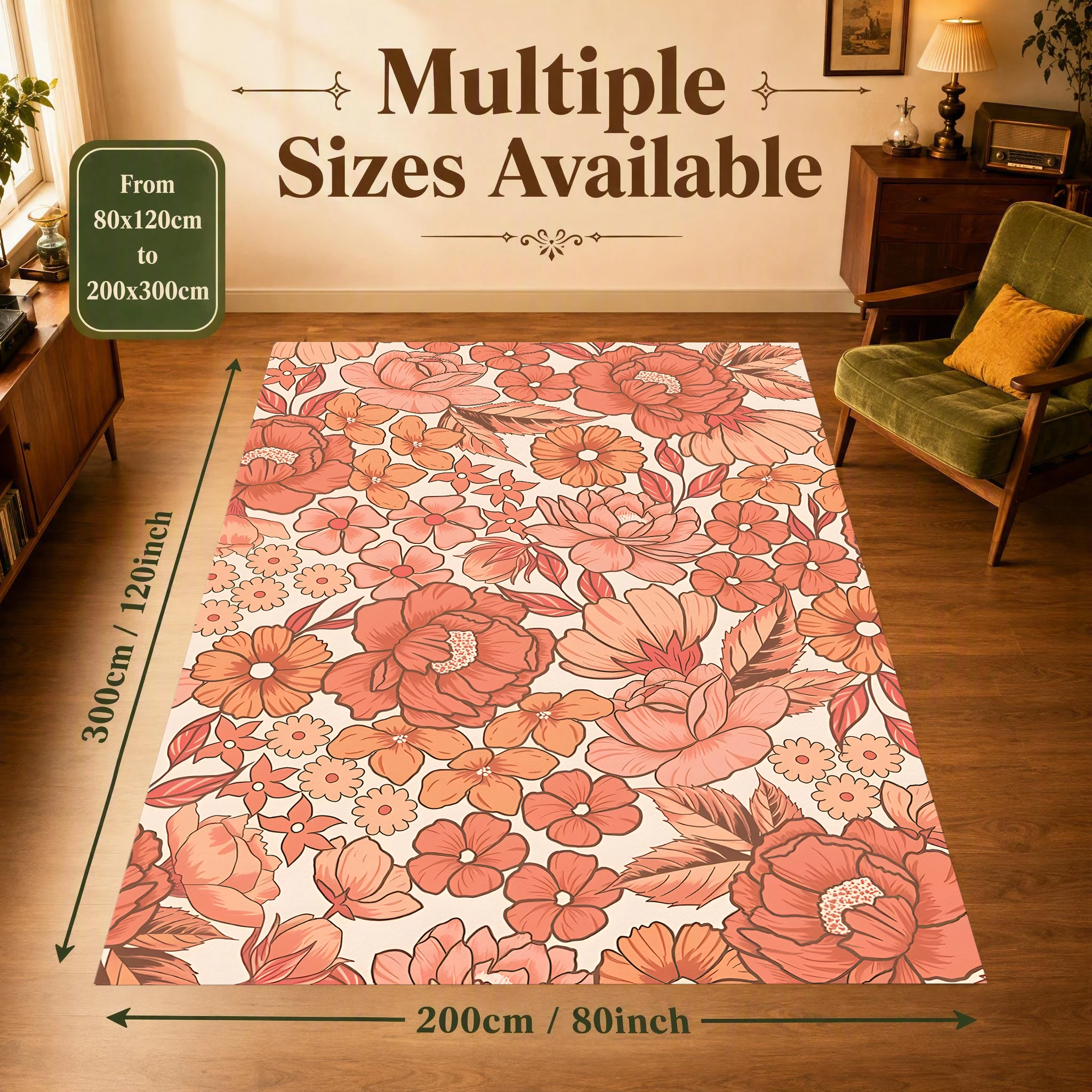 2D Carpet with Hand-Painted Warm Orange Pink Floral Design in Gentle Retro Style for Living Room and Bedroom
