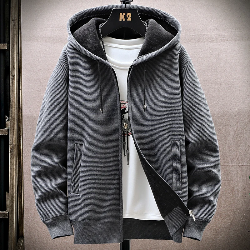 

men's casual long jacket 2024 autumn and winter new Hooded sweater thick jacket men zipper sweater jacket men's cardigan