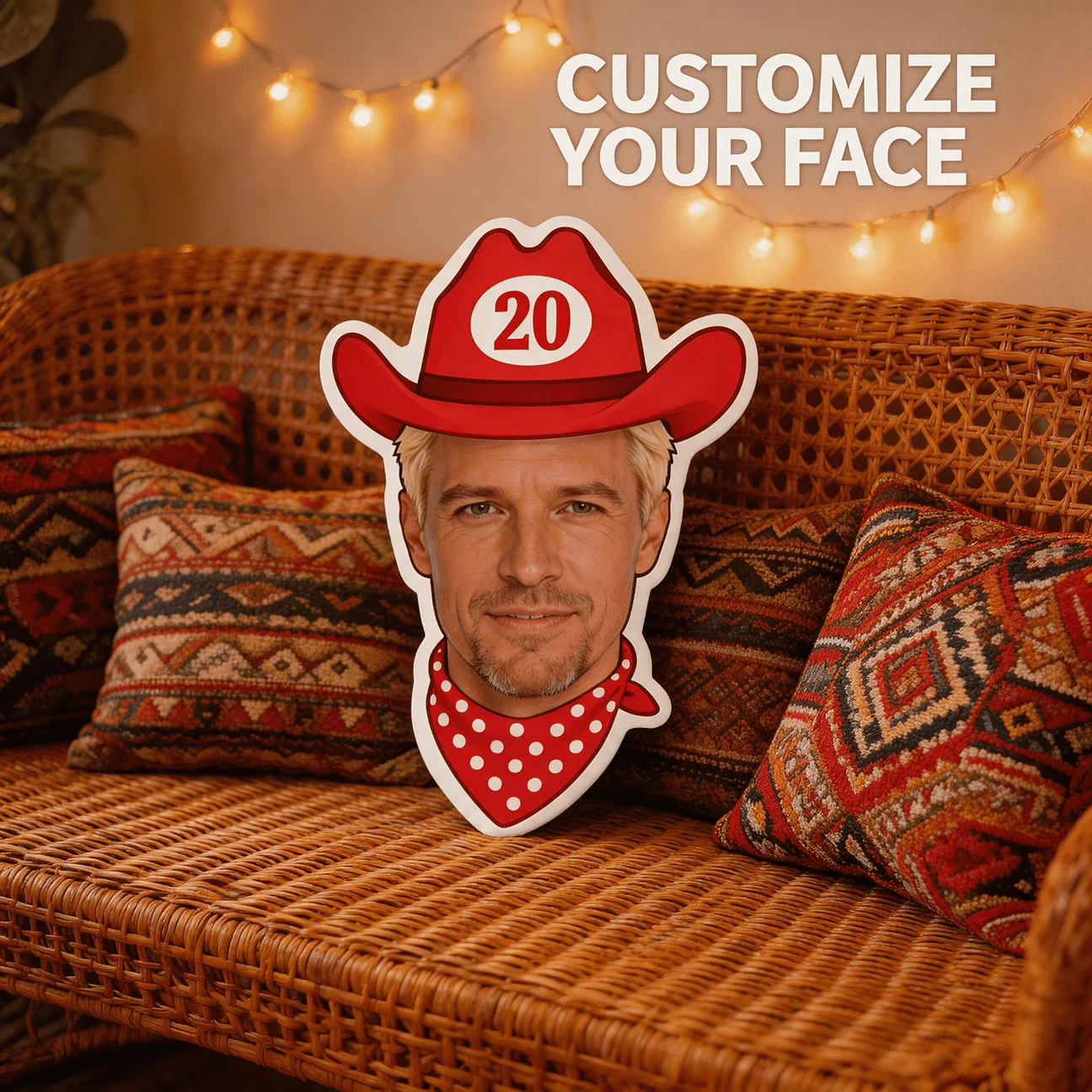Custom Personalized Photo Face Pillow, Cowboy Hat & Bandana Design Custom Shaped Decorative Cushion, 60cm Large Size Accent Pill