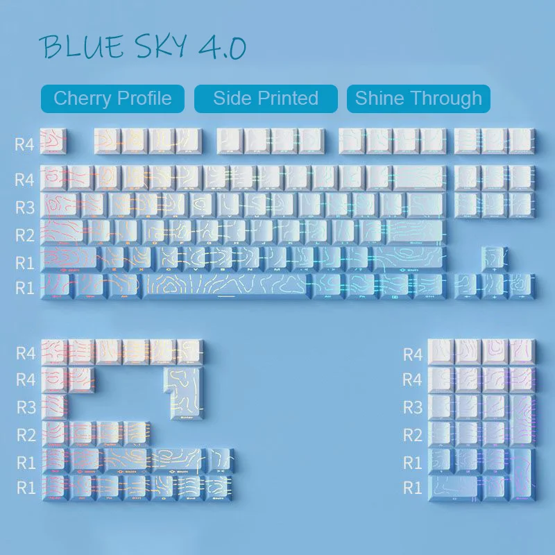 DIXSG 135 Tasten Farbverlauf Cyan Tastenkappen Double Shot PBT Tastenkappe Seitendruck RGB Hintergrundbeleuchtete Tastenkappe Kirschprofil für MX Switches Tastaturen 10