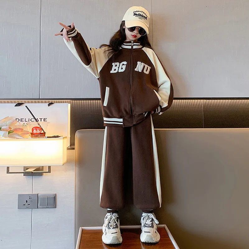 

Korean Autumn Winter Children Girl Tracksuit Thicken Teenager Girl Outwear Letter Patchwork Warm Cotton Trousers Kids Outfit