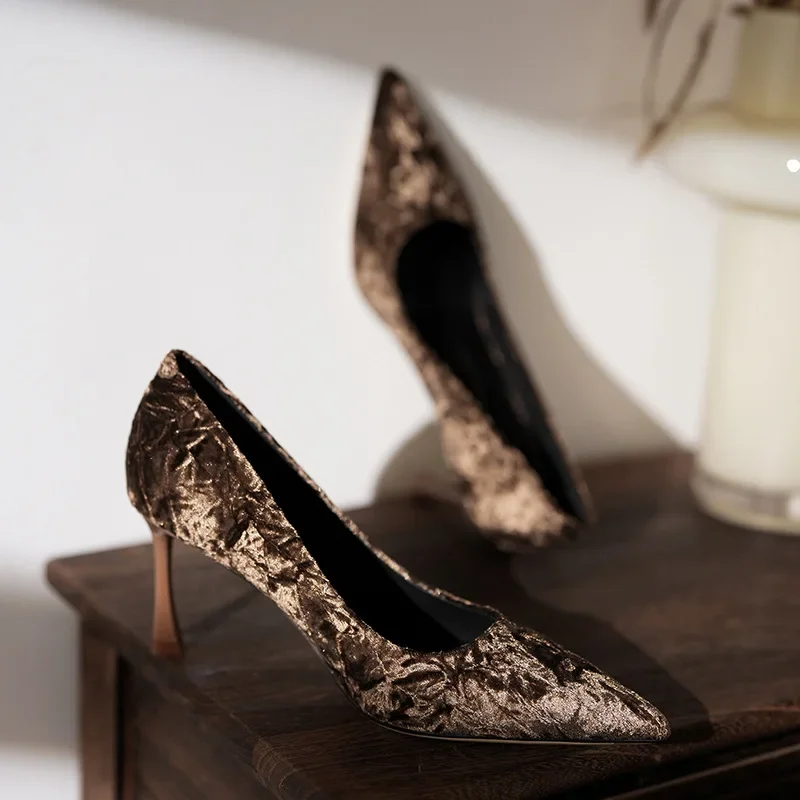 Gold Velvet Pumps Women Pointed Toe Shallow Party Luxury Single Shoes Stiletto High Heels Elegant Lady Temperament Tacones Retro