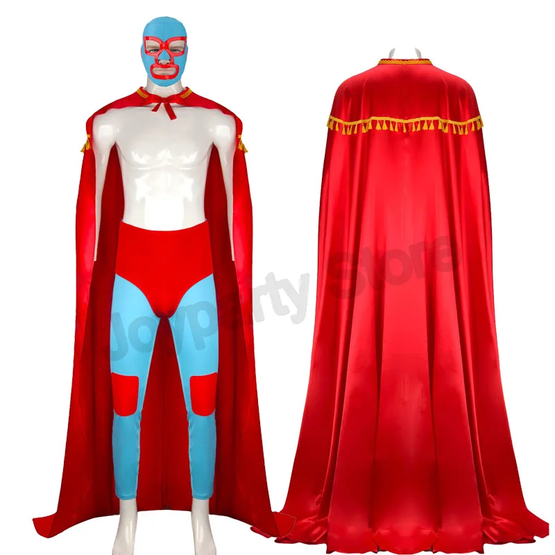 Disfraz de lucha mexicana para hombres y adultos, disfraz de Nacho, disfraz libre, capa roja, máscara, pantalones cortos, conjunto completo, trajes de Halloween