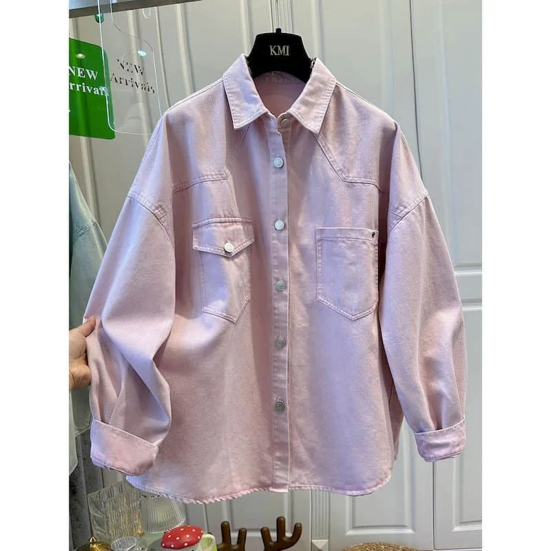 

Джинсовые куртки для женщин, однотонные винтажные свободные кардиганы с воротником-поло в корейском стиле, рабочая одежда с длинными рукавами, пальто, женская одежда в стиле Харадзюку