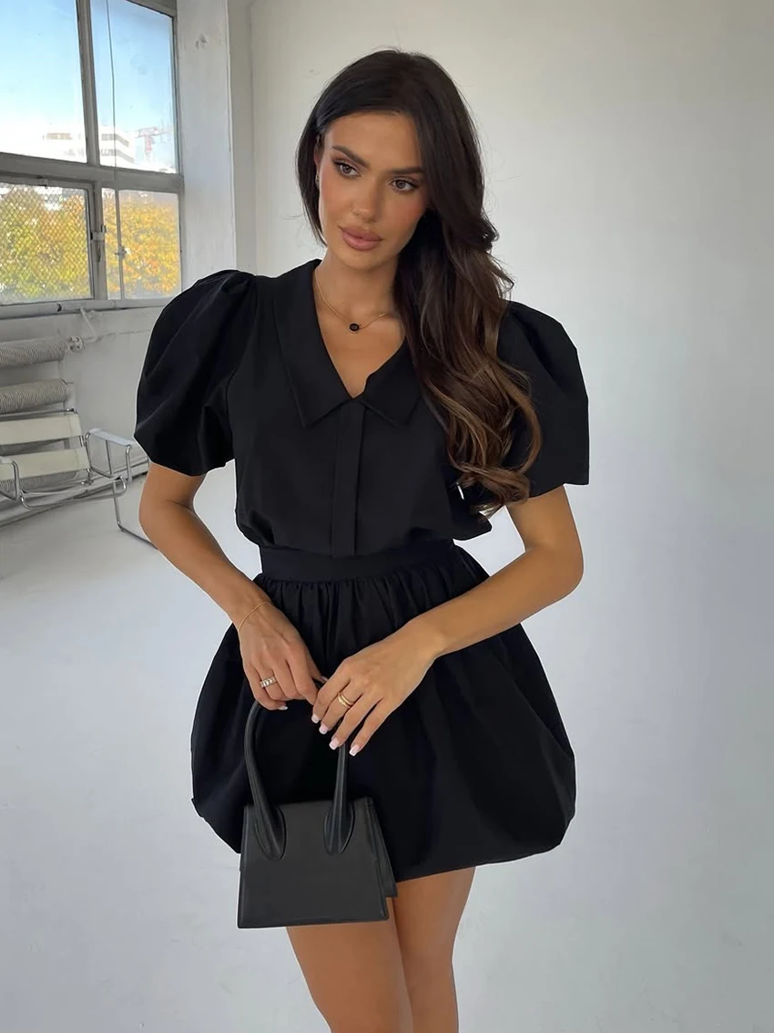 

Marthaqiqi Casual Female Sleepwear Set Short Sleeve Nightgowns Turn-Down Collar Nightwear Skirts Autumn Black Women Nightie Suit