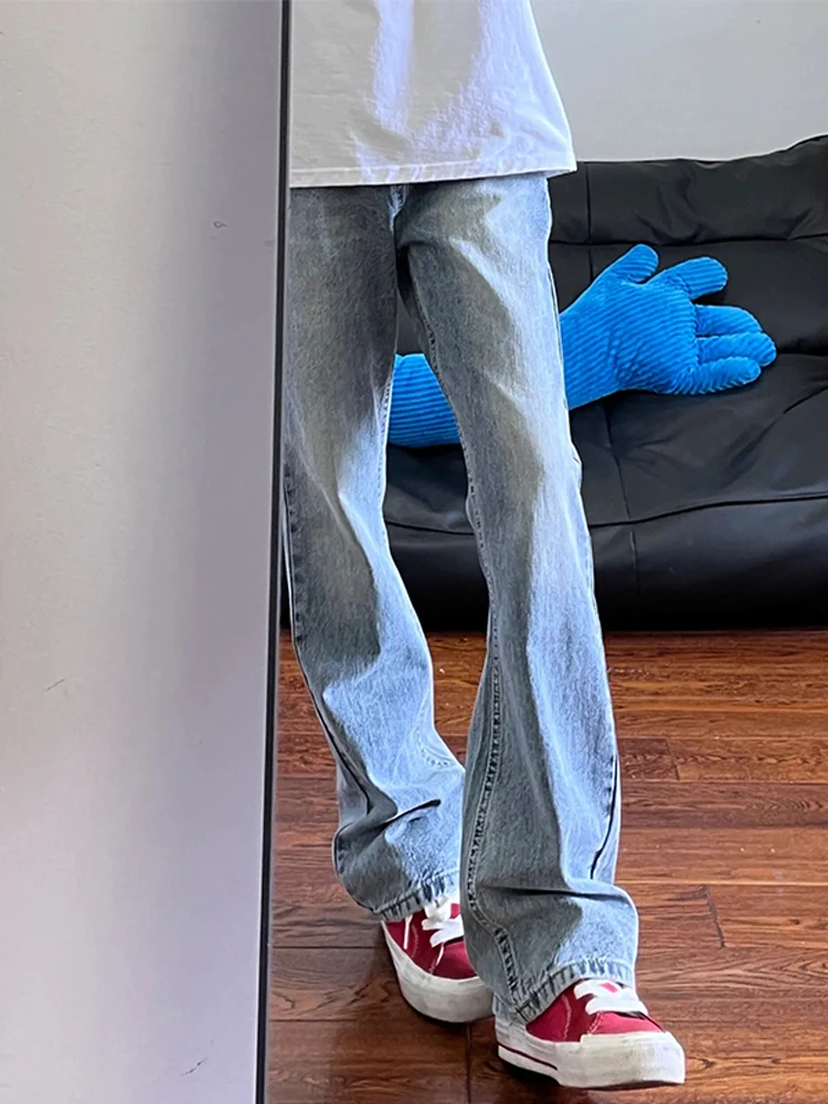 

Летние тонкие светло-голубые мужские джинсы-клеш с прямыми штанинами, зауженные, повседневные, в стиле High Street, износостойкие, молодежные, модные