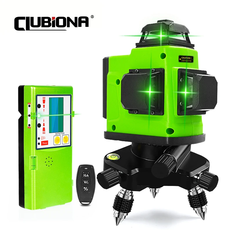 CLUBIONA 12 Green Lines Laser Level Remote Control Self-Leveling With Li-ion Battery Pulse Mode Receiver and Wall Bracket Tripod