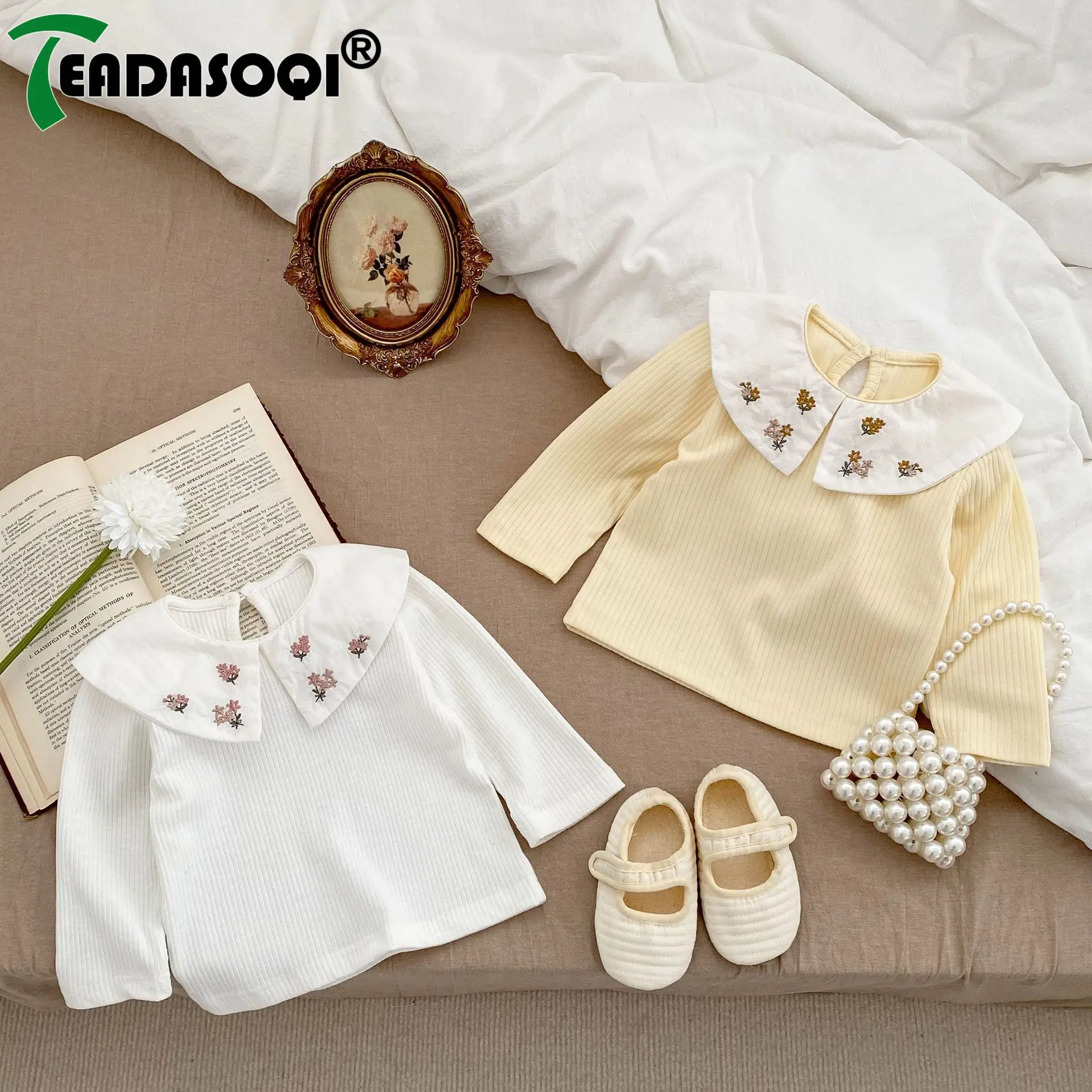 

Autumn/Spring Collection: Adorable Baby Girls Full Sleeve Peter Pan Collar Top Embroidery Detail Toddler Infant Bottoming Shirts