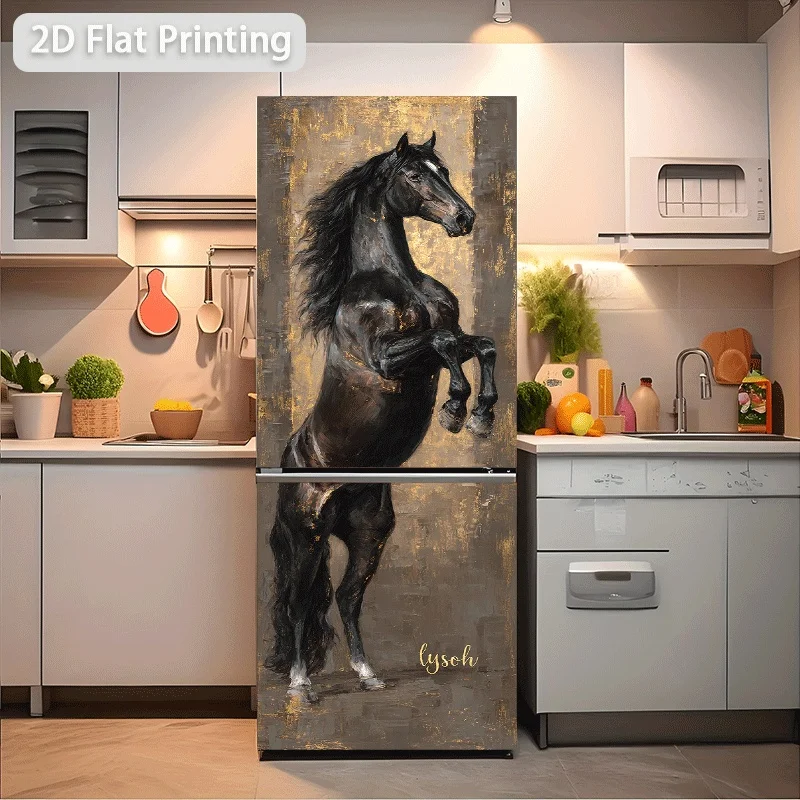 Refrigerator Sticker Black and Golden Galloping Horse Portrait Theme Scene Wall Decal Self-Adhesive Wallpaper Suitable for Cab