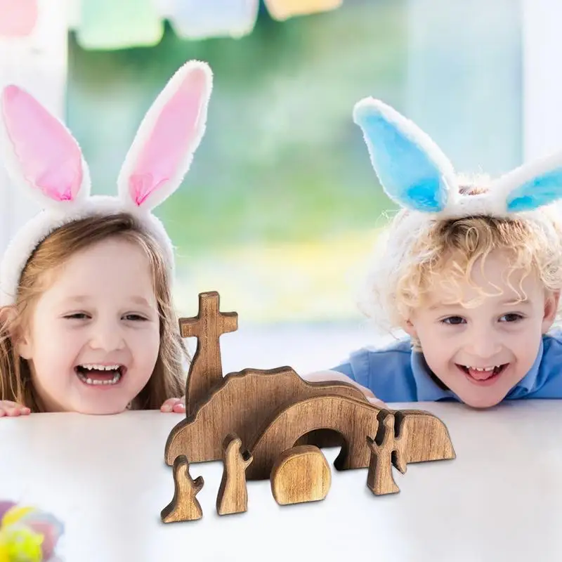 Empty Tomb Easter Scene Decoration Wood Table Jesus Nativity Statue Easter Resurrection Tiered Tray Jesus Nativity Scene