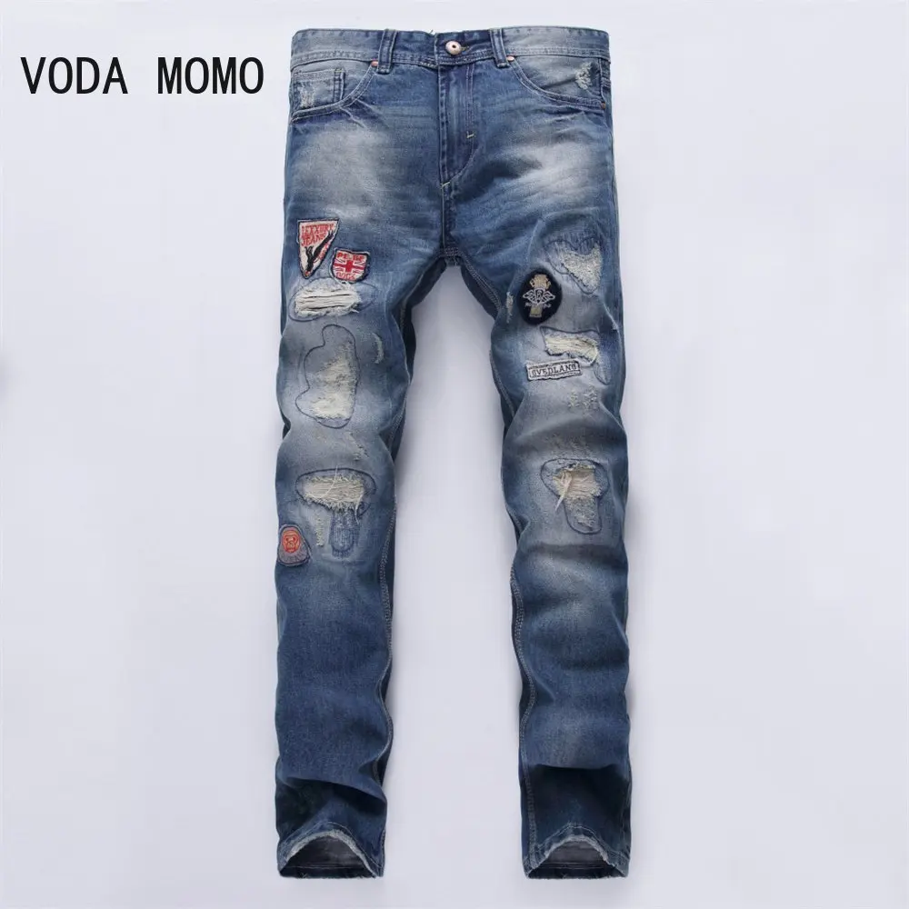 

Dropshipping Fashion Men Casual Ripped Hiphop Pants Straight Jean For Male Distressed Denim Trousers Personality Streetwear