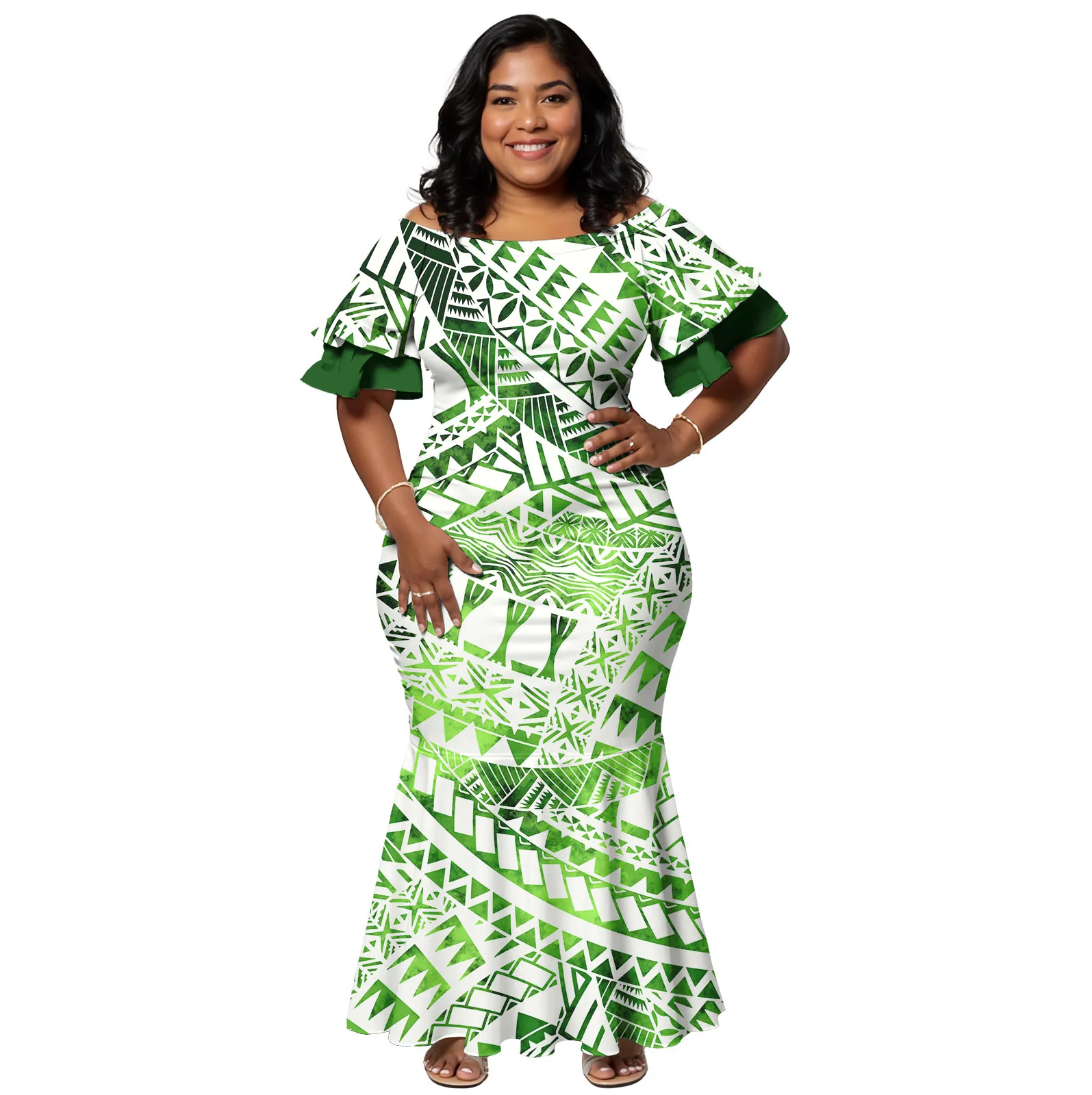 Plus Size Clothes Off Shoulder Ladies Samoan Polynesian Dress Holiday Beach Double Sleeve Mermaid Dress for Women Tribal Design