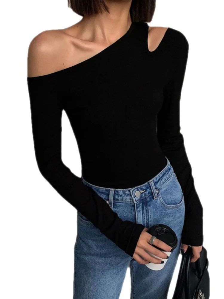 Fashion Skew Collar Off-shoulder Long-sleeved T-shirts Women Spring 2023 New Solid Slim Fit Crop Top Sexy Hollow Out Tees Shirts