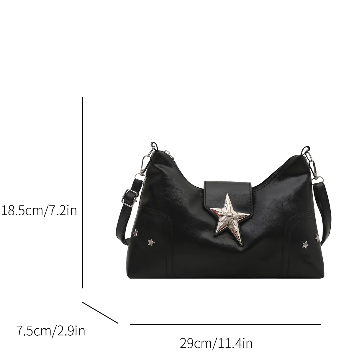 Y2K Vintage Shoulder Bag Soft PU Solid Color Messenger Bag Metal Star Lightweight Crossbody Bag for Commute Work
