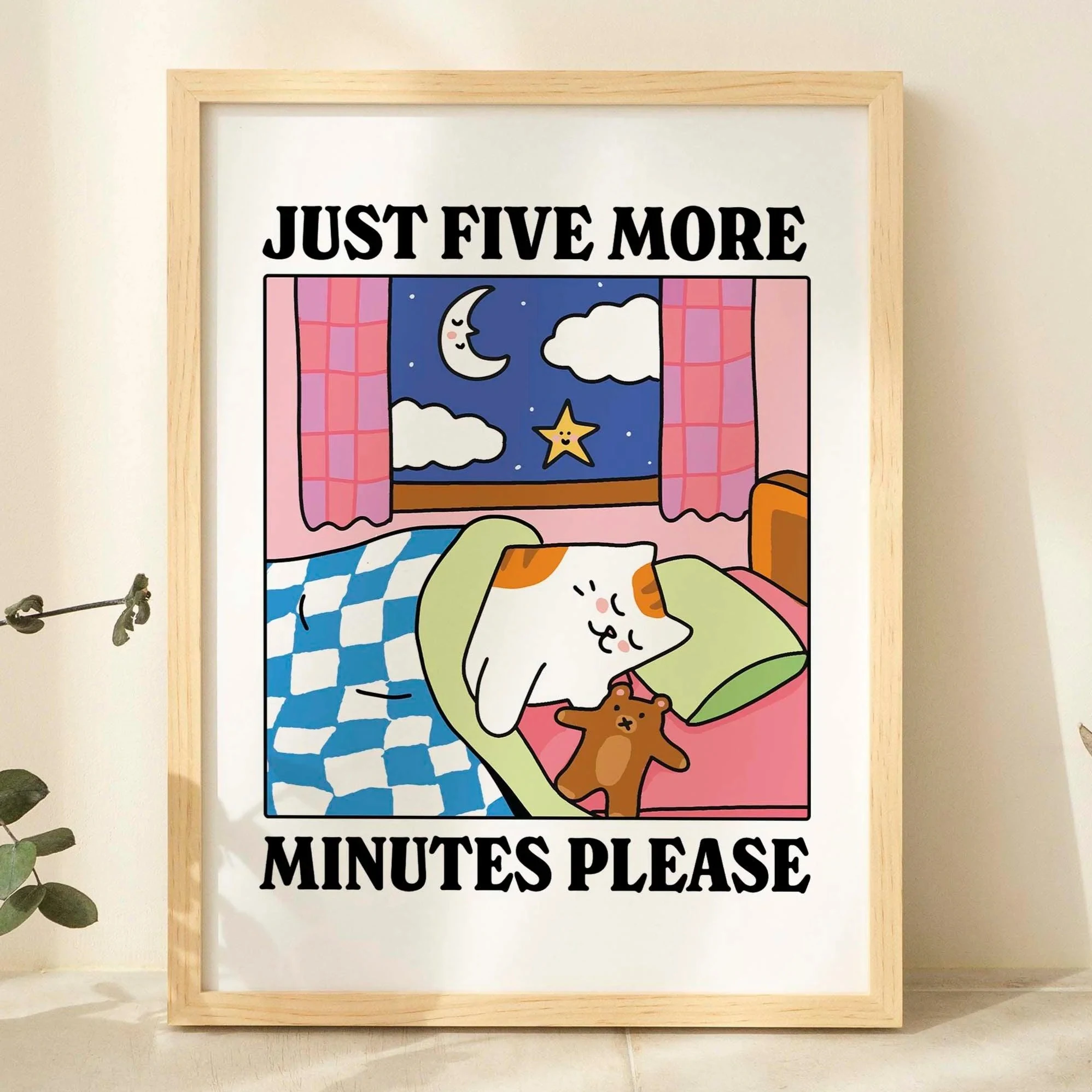 Just Five More Minutes Please Cartoon Cat Wall Art Prints Canvas Painting Poster Picture For Living Children Room Home Decor