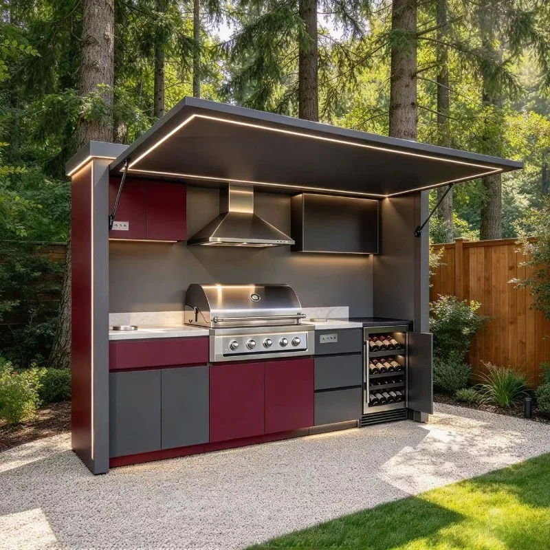 Modern Multi-functional Outdoor Mobile Kitchen Prefab BBQ Cooking Station Aluminum Alloy Lacquer Finish Sink Cabinet