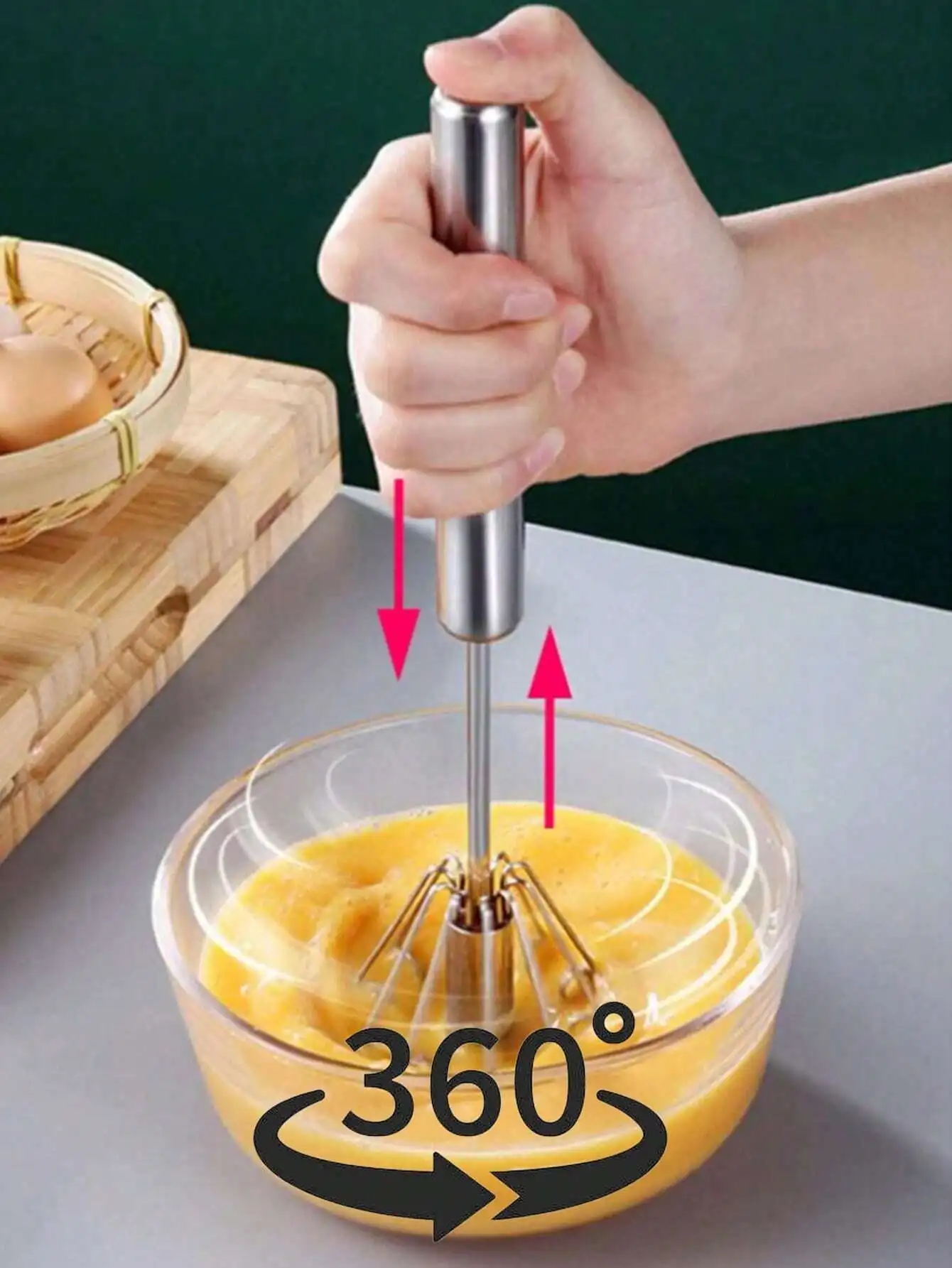 1pc Semi-Automatic Rotating Egg Beater, Stainless Steel Whisk, Kitchen Cooking Tool, Suitable For Beating Eggs, Butter, Batters, Creams, Froths