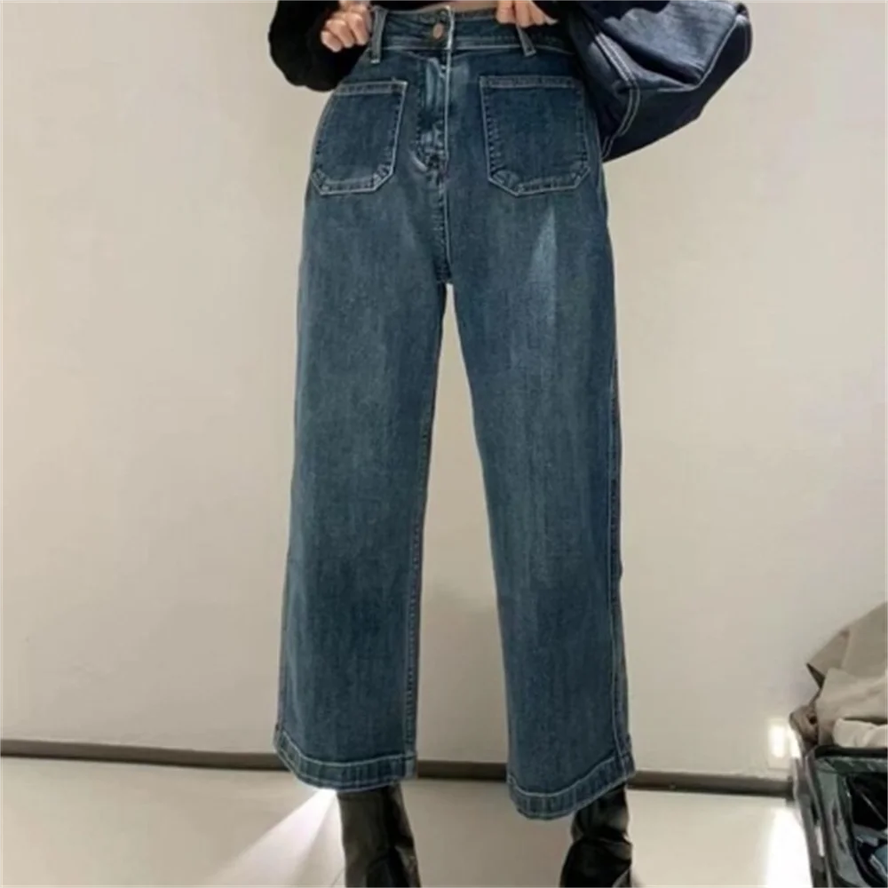 Straight Jeans für Frauen Stretch Retro hohe Taille große Taschen Blue Jeans Hosen