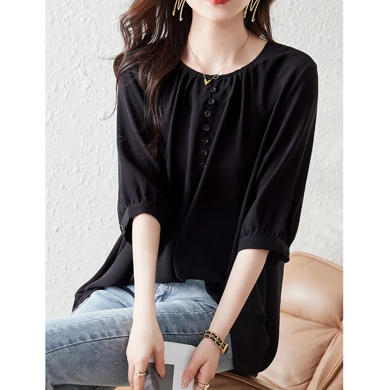 Black Button Patchwork Loose Tops Summer New Short Sleeve O-neck Solid All-match Vintage T Shirts Casual Fashion Women Clothing