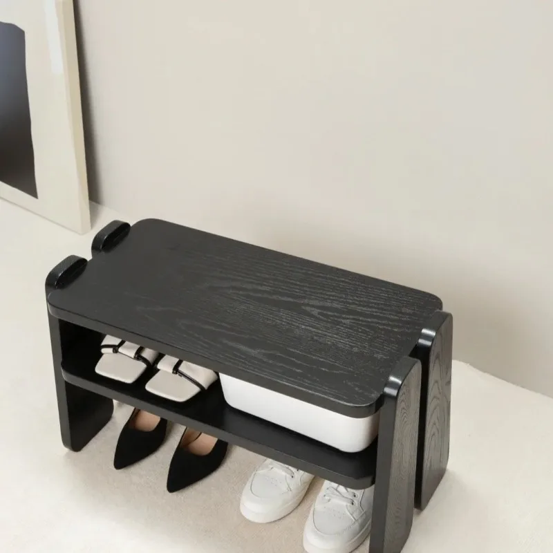 Solid Wood Shoe Changing Bench Home Entryway Low Stool Upholstered Seat Shoe Cabinet All in One Double Layer Side Table Shelf
