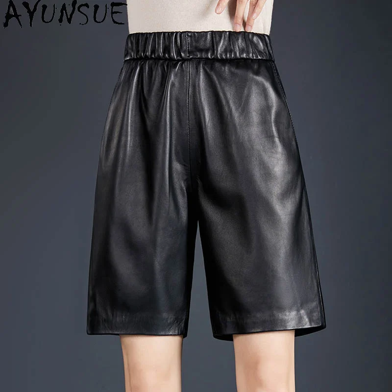 

AYUNSUE Five-point Shorts for Women 2023 Elastic Waist Sheepskin Leather Shorts High Waist Wide Leg Short Women spodenki damskie