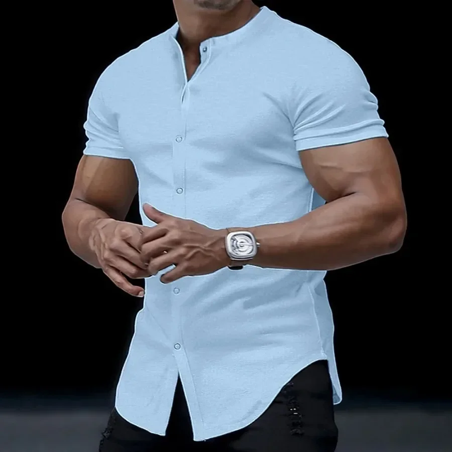 2026 Men\'s Summer Stand Collar Short Sleeve Shirts Solid Slim Fit Casual Cardigan Versatile T-shirts Social Blouses for Men Tops