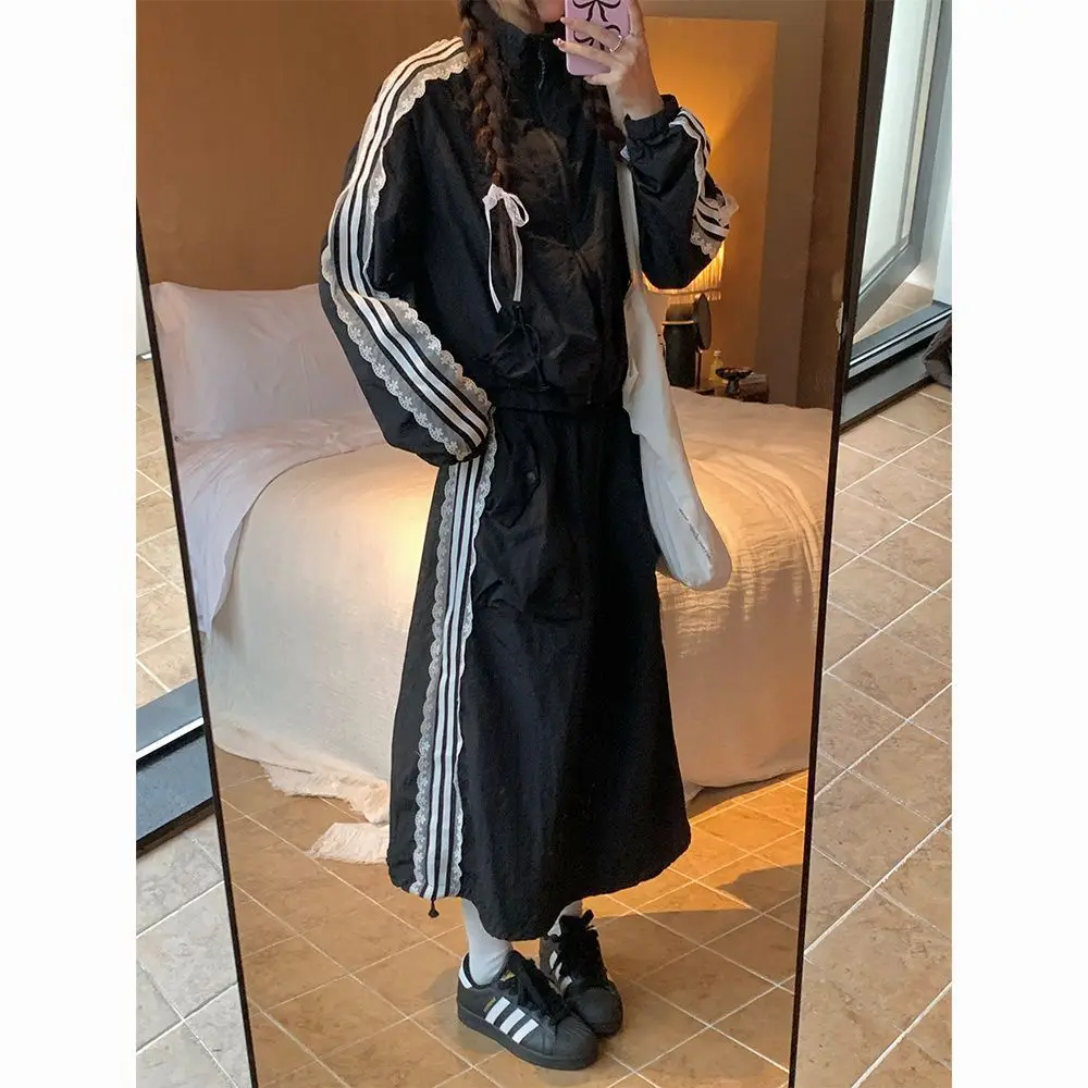 

Lace Edge Patchwork Long Sleeved Zipper Cardigan + Double Pocket Skirt Two Piece Sets Womens Outifits Loose Sport Y2k Suits