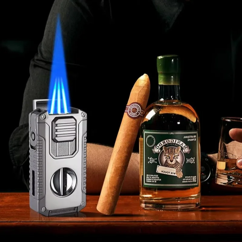 Novel 5-in-1 Cigar Lighter Triple Jet Blue Flame Butane Refillable With V Cutter Punch Holder Adjustable Flame Men Festival Gift