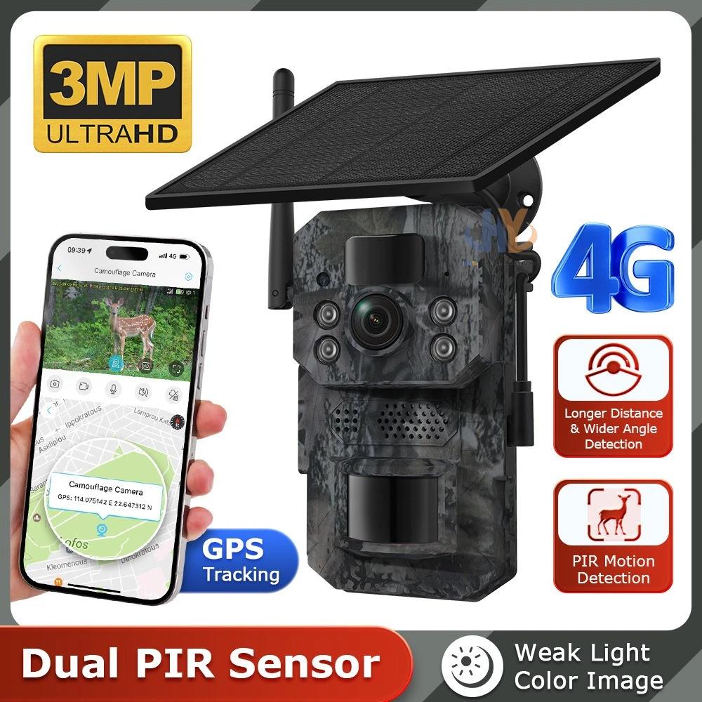 4G ソーラー式ハンティングカメラ、3MP HD 野生動物カメラ、GPS 追跡カメラトラップ、ナイトビジョンリモートセキュリティ追跡カメラ