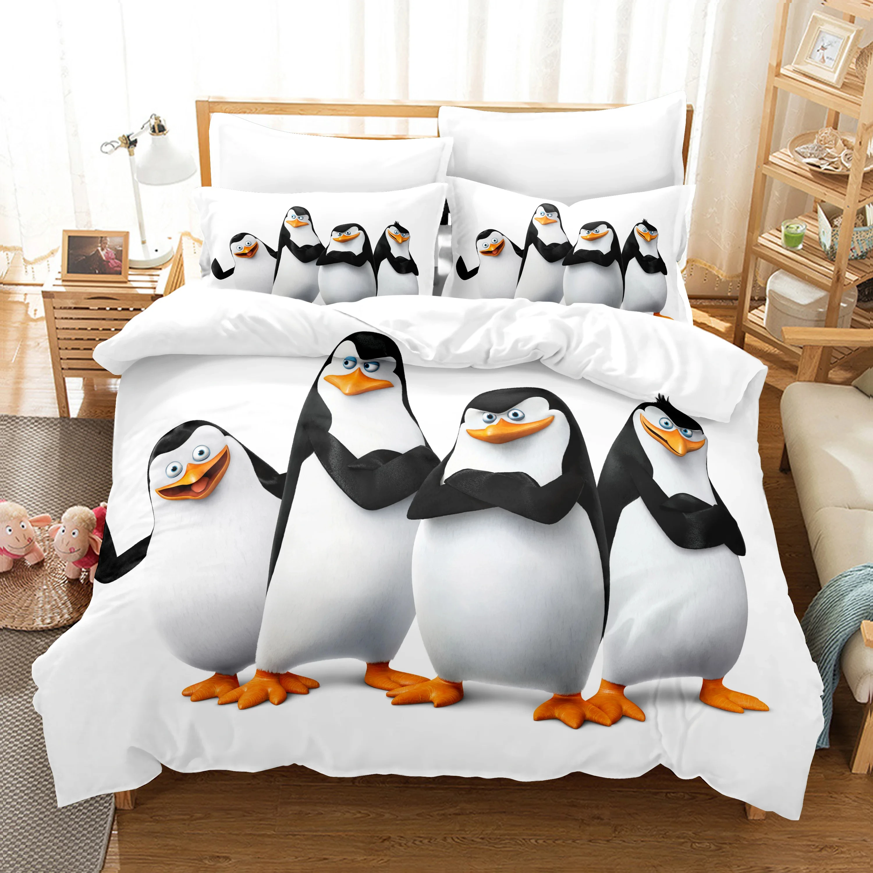 Cartoon Penguins Madagascar Bedding Set,Duvet Cover Bed Set Quilt Cover Pillowcase,King Queen Twin Size Boys Girls Adults